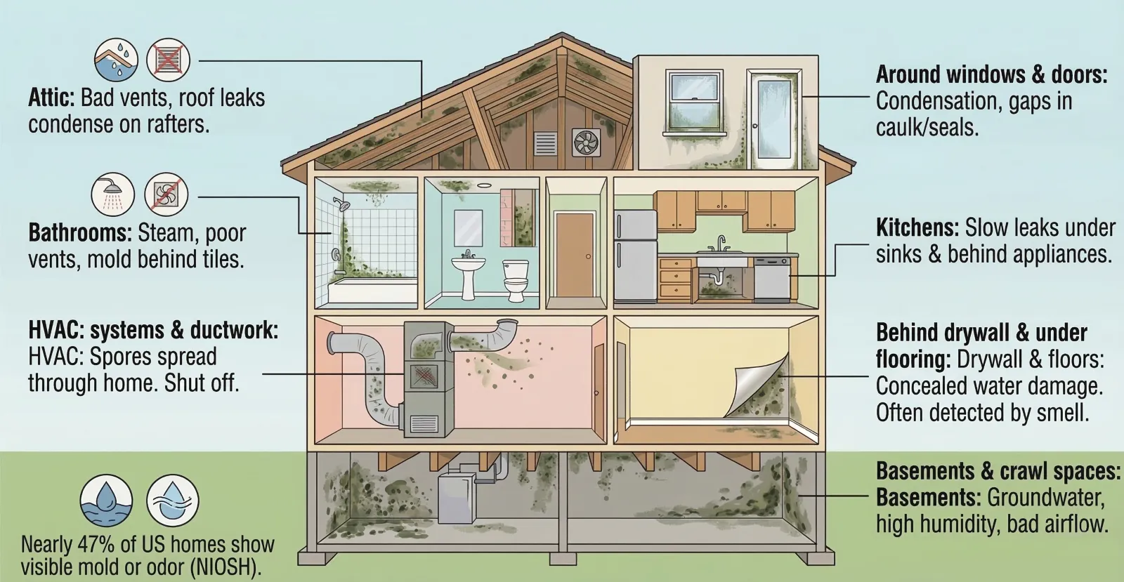 Illustrated cross-section of a home showing common areas where mold grows, including the attic, bathrooms, kitchen, HVAC system, behind drywall, and basement and crawl spaces
