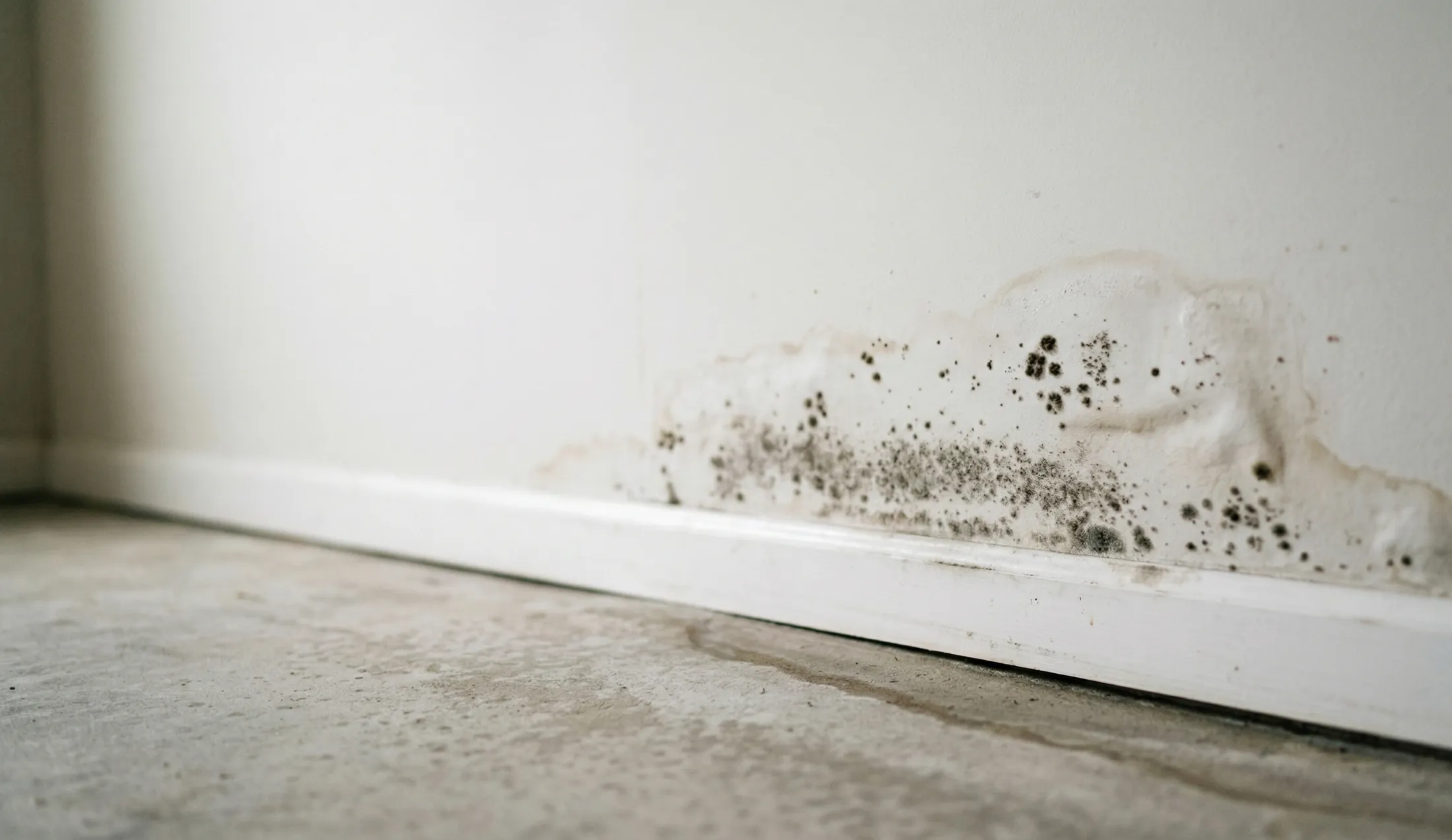 Early mold growth and water damage along a basement wall baseboard with staining and moisture marks