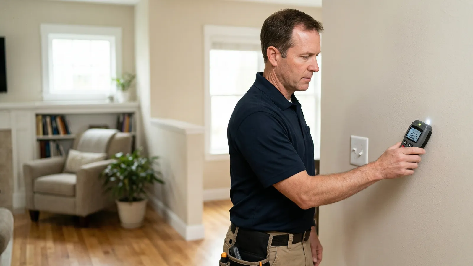 Technician using moisture meter to inspect wall for hidden moisture and mold