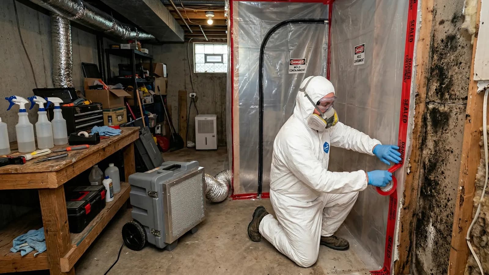 Mold remediation technician in full Tyvek suit and respirator sealing plastic containment barrier with red tape in a basement with visible mold growth