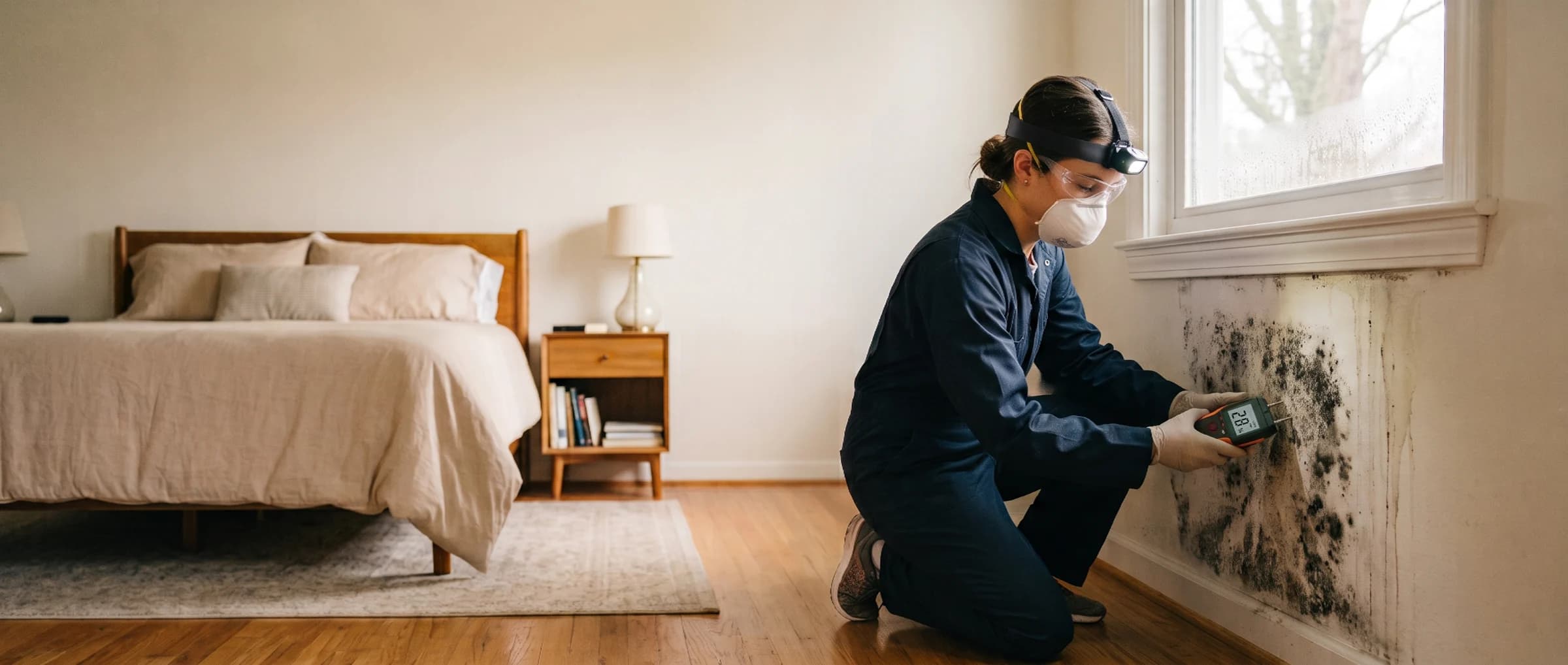 Mold inspector examining condensation-driven mold growth below a bedroom window