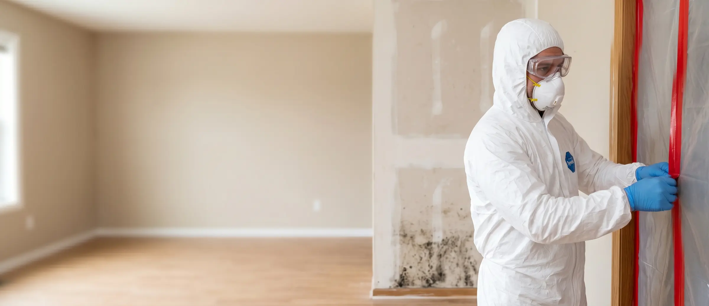 Mold remediation technician in a white Tyvek suit sealing containment sheeting over a doorframe in a room with visible black mold growth on the wall
