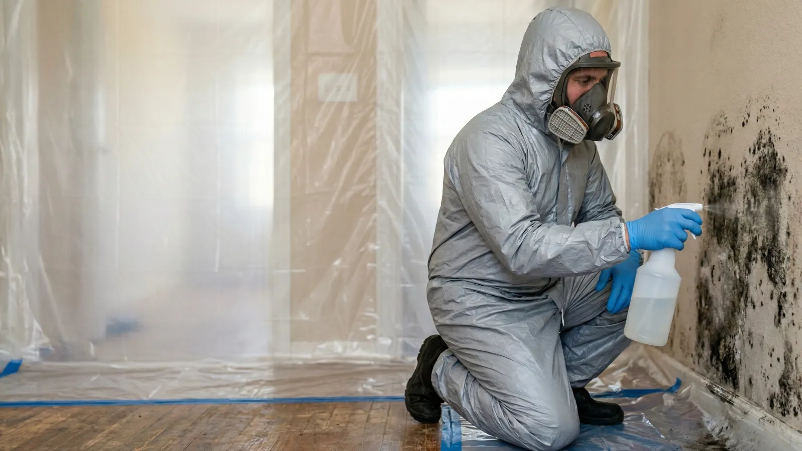 Mold remediation technician in full protective suit and respirator spraying antimicrobial solution on black mold growth in a contained residential room