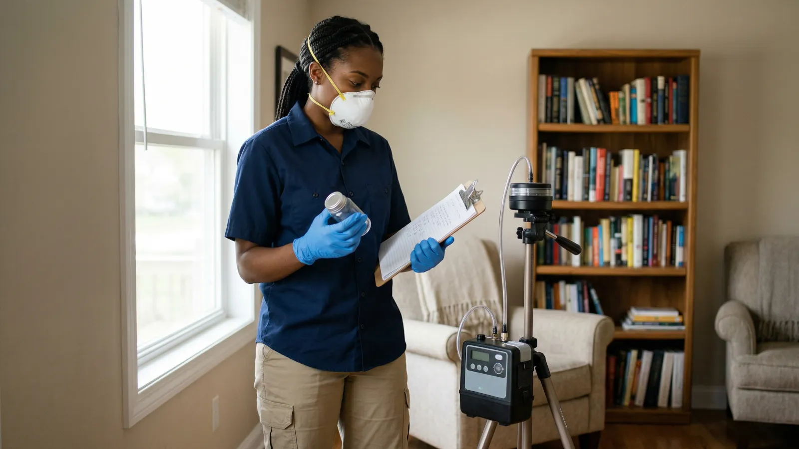 Female mold testing technician in mask and gloves operating an air sampling pump on a tripod while recording results on a clipboard in a residential living room